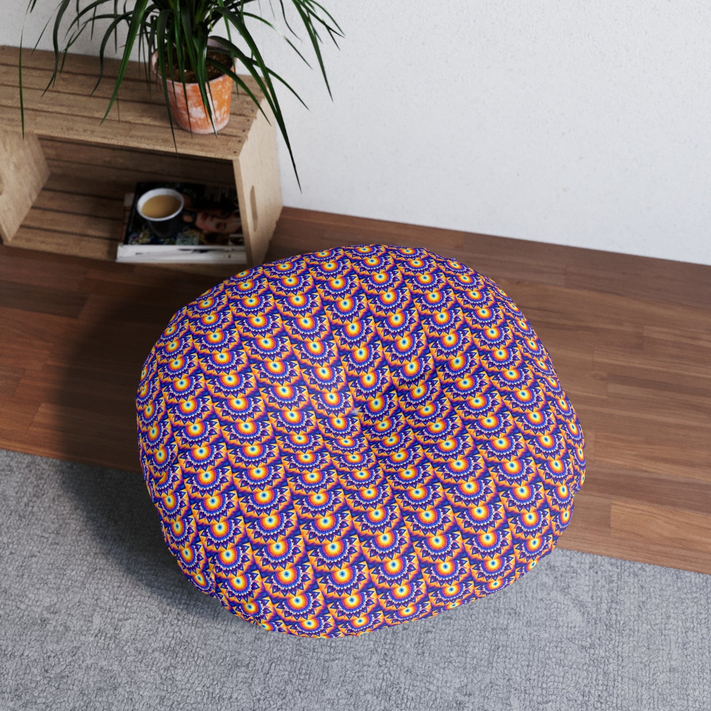 Purple Indigo Yoga Pillow Tufted Floor Pillow, Round Meditation Pillow