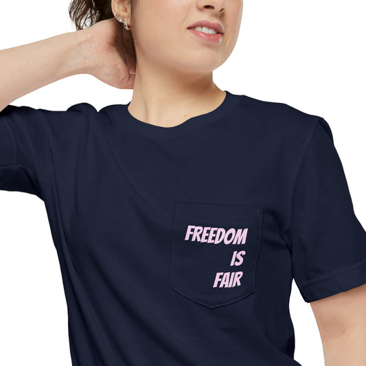 Model wearing Navy Blue T-shirst saying Freedom is fair. 